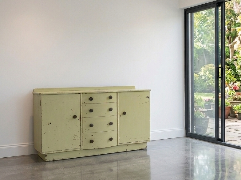 A rustic light green wooden sideboard cabinet with multiple drawers and doors, set against a white wall in a modern room with polished concrete floors, a black-framed glass door, by Grace & Joy Furniture