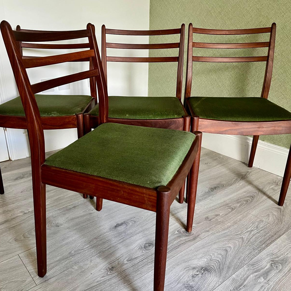 Four G Plan teak chairs with green seats by Grace & Joy Furniture