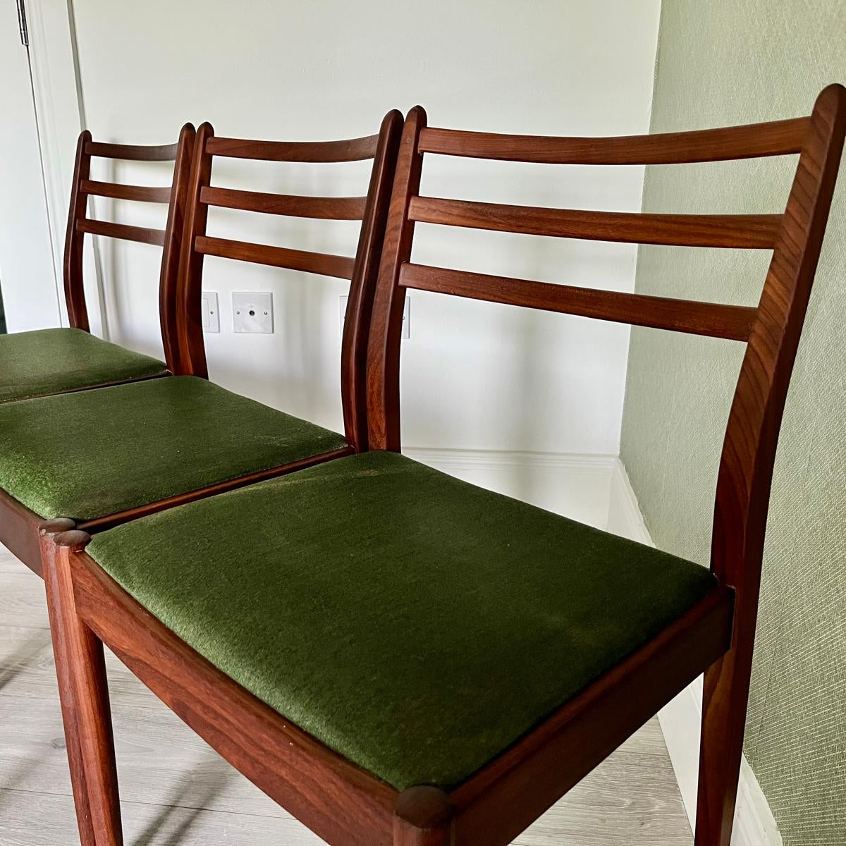 Four G Plan teak chairs with green seats by Grace & Joy Furniture