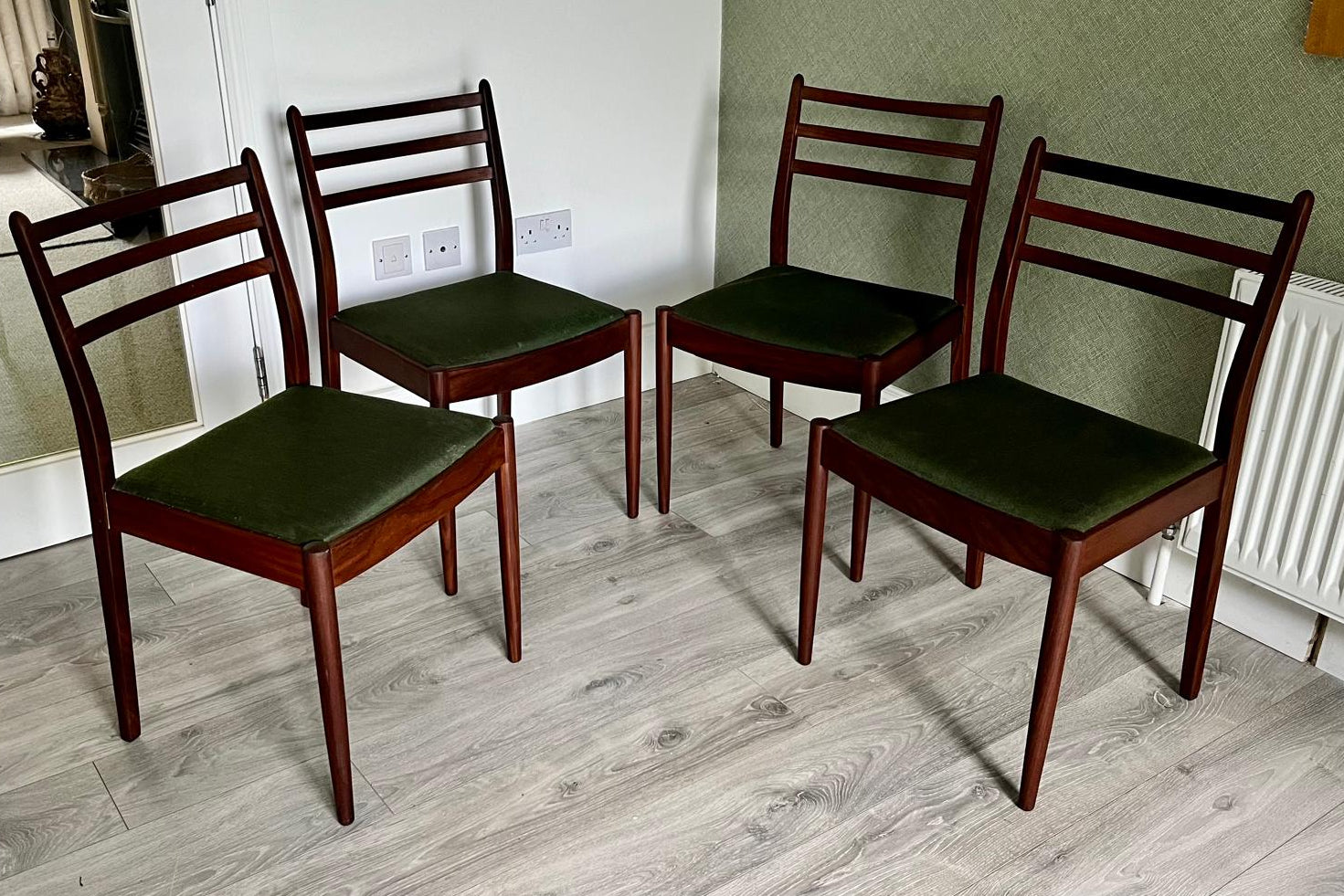 Four G Plan teak chairs with green seats by Grace & Joy Furniture
