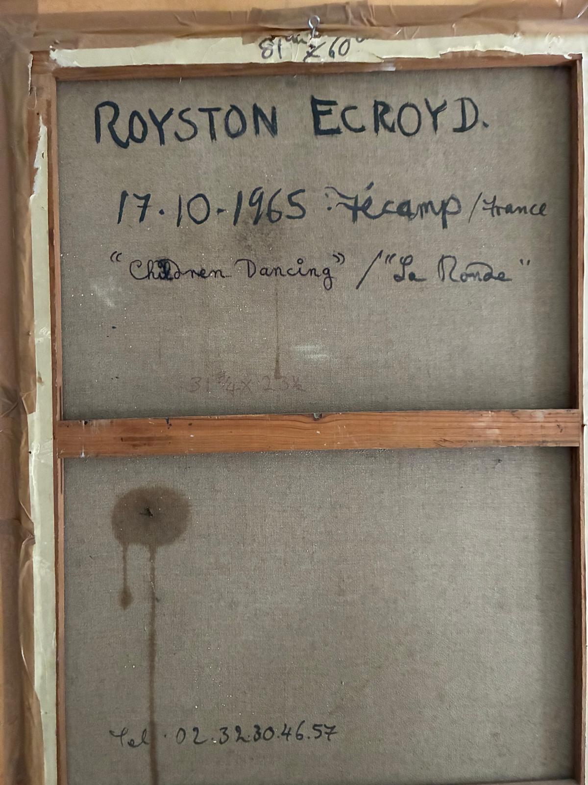 Back of a framed artwork showing a gray fabric-covered panel with handwritten text reading 'ROYSTON ECROYD.' and '17.