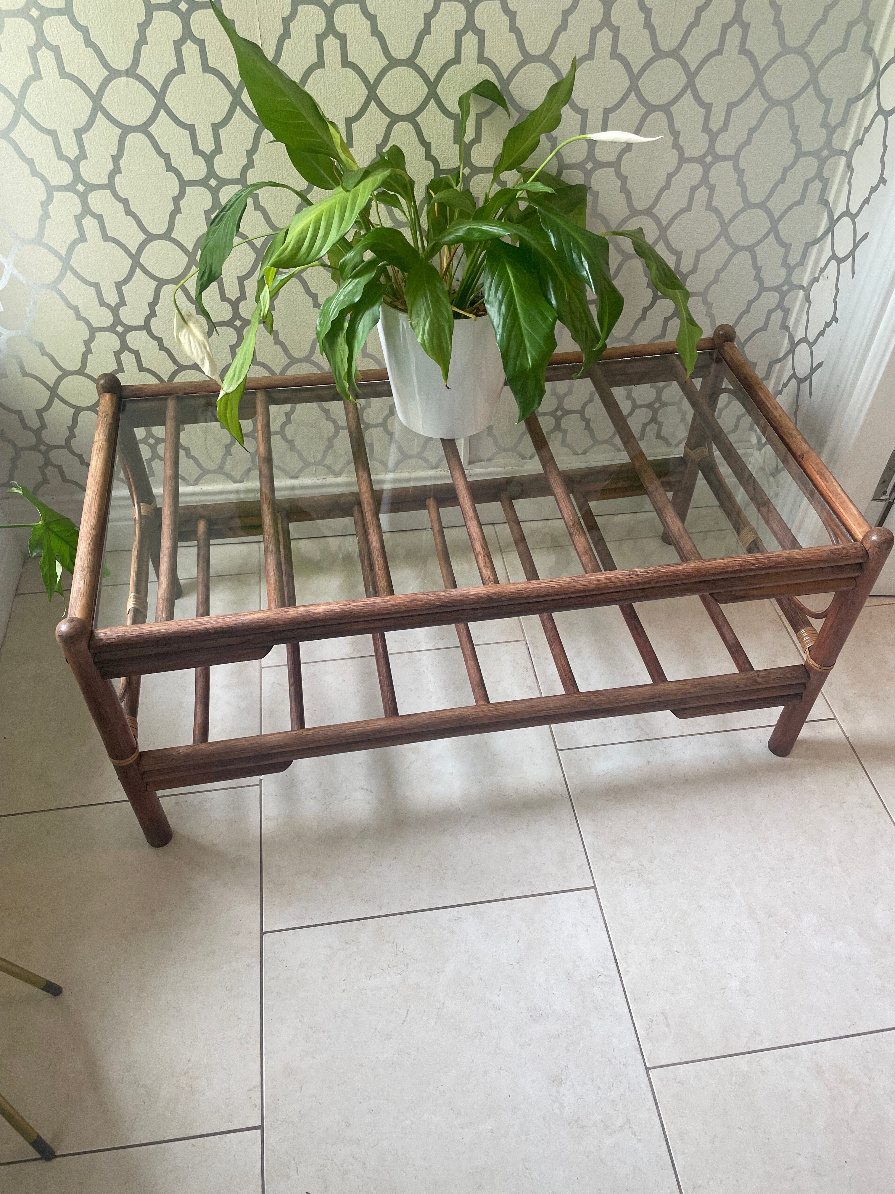Vintage 1970's Italian glass & rattan coffee table