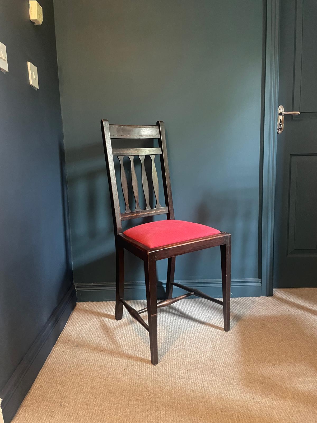 vintage arts and crafts dining chairs with red cushion - Grace and Joy