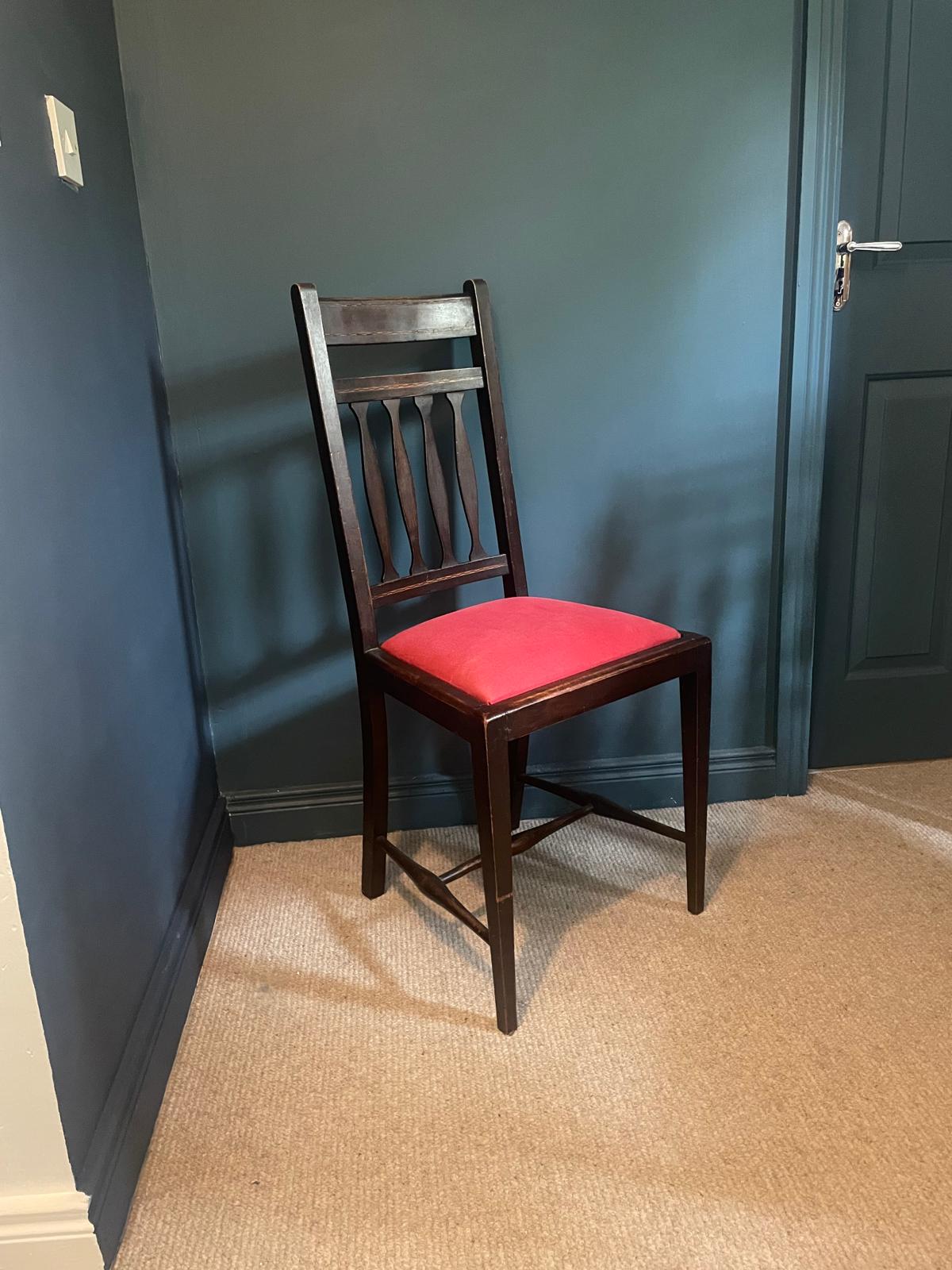 vintage arts and crafts dining chairs with red cushion - Grace and Joy