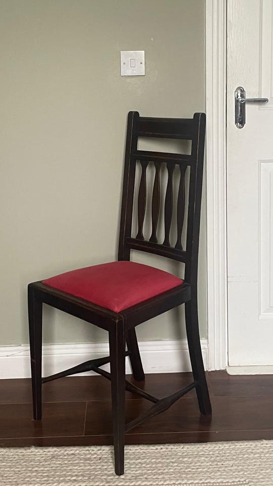vintage arts and crafts dining chairs with red cushion - Grace and Joy